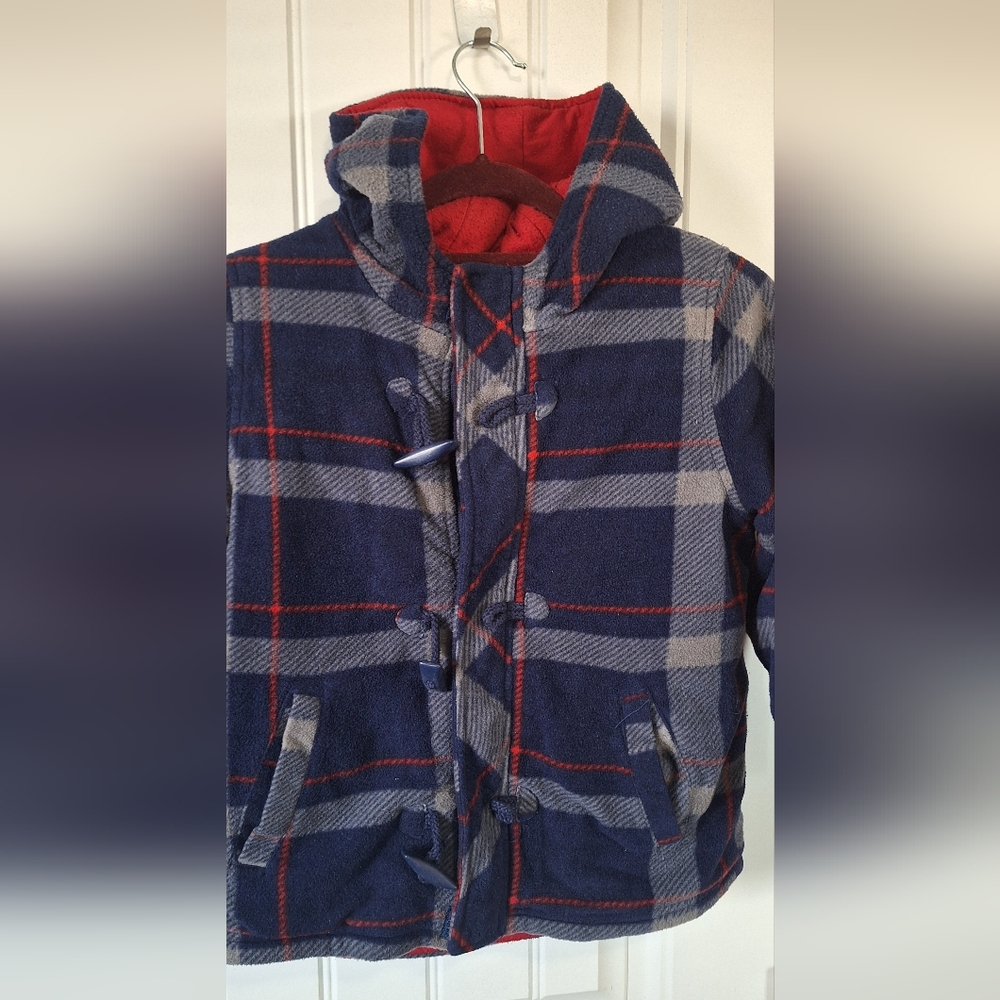 George Kids Plaid Puffer Jacket Size 6 Boy — Blue Red Hooded Winter Coat